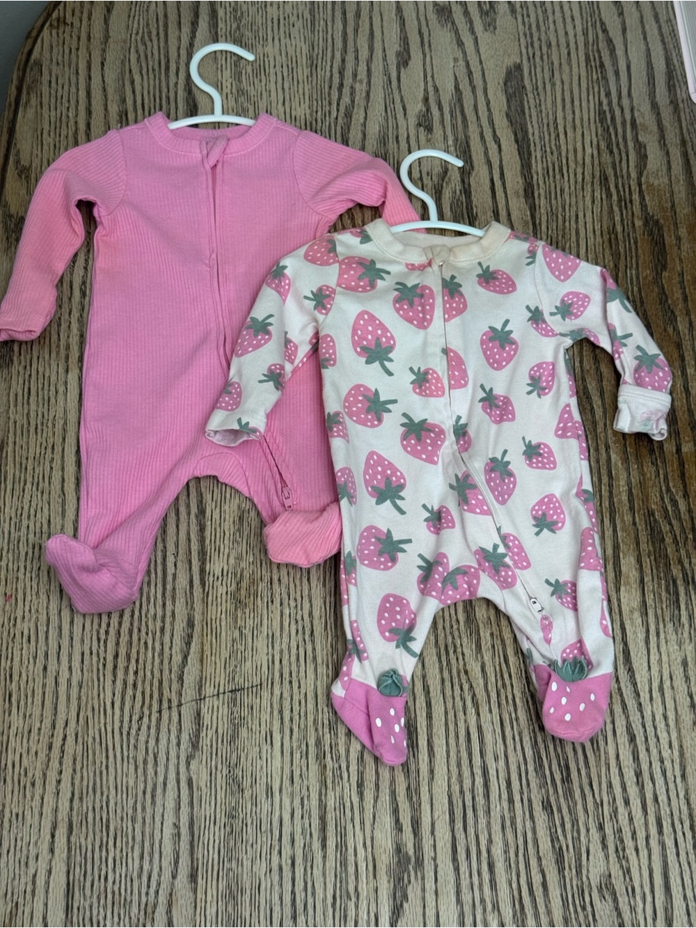 Old Navy Girl Set of 2 Pink Strawberry Print & Solid Pink Footed One-Pieces